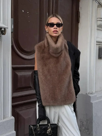 Faux Fur Gilet - Women's Sleeveless Turtleneck Faux Fur Vest-Grace Aura