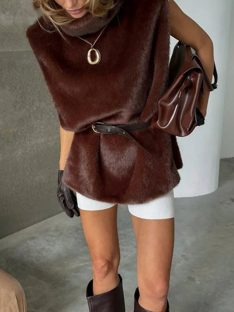 Faux Fur Gilet - Women's Sleeveless Turtleneck Faux Fur Vest-Grace Aura