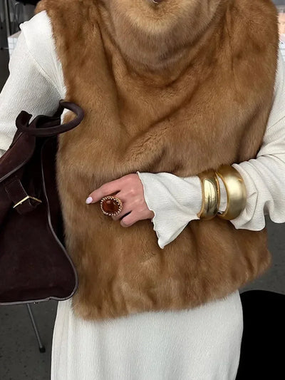 Faux Fur Gilet - Women's Sleeveless Turtleneck Faux Fur Vest-Grace Aura