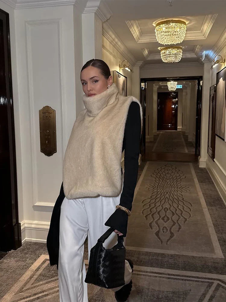 Faux Fur Gilet - Women's Sleeveless Turtleneck Faux Fur Vest-Grace Aura