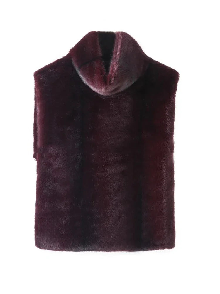 Faux Fur Gilet - Women's Sleeveless Turtleneck Faux Fur Vest-Grace Aura