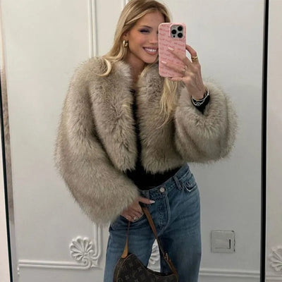 Faux Fur Jacket - Women's Short Fluffy Fake Fur Jacket -Grace Aura