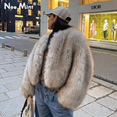 Faux Fur Jacket - Women's Short Fluffy Fake Fur Jacket -Grace Aura