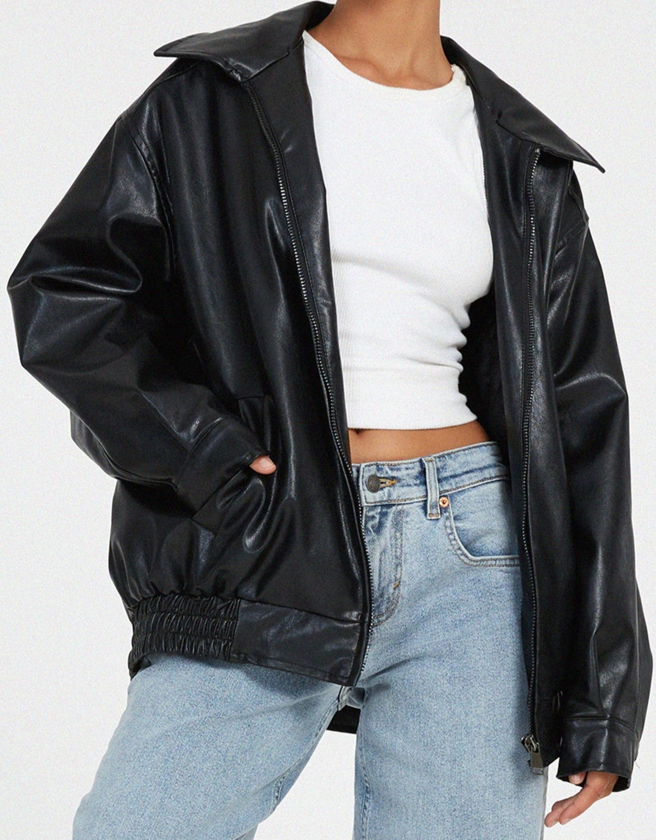 Faux Leather Jacket | Oversized | Zip-Up | Leather Bomber Jacket | Leatherette Jacket Women's-Grace Aura