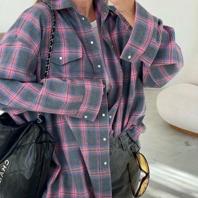 Flannel Shirt - Cotton - Plaid - Oversized Shirt - Women's Flannel Shirts-Grace Aura