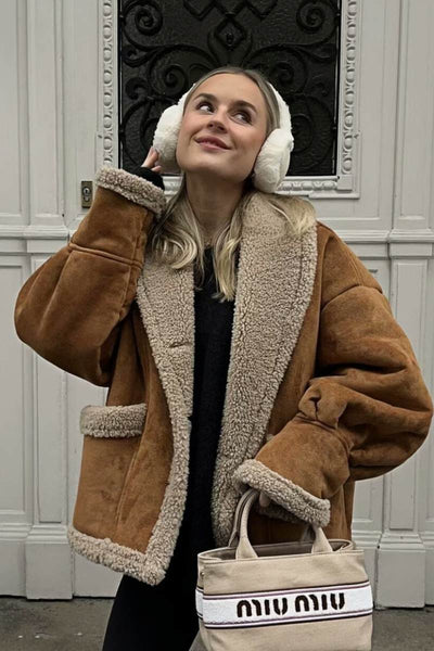 Fleece Lined Jacket - Brown - Teddy Lined - Suede Winter Jacket - Women's Winter Jacket -Grace Aura