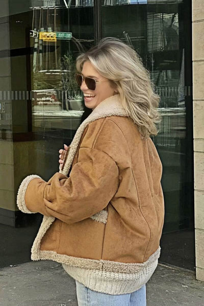 Fleece Lined Jacket - Brown - Teddy Lined - Suede Winter Jacket - Women's Winter Jacket -Grace Aura