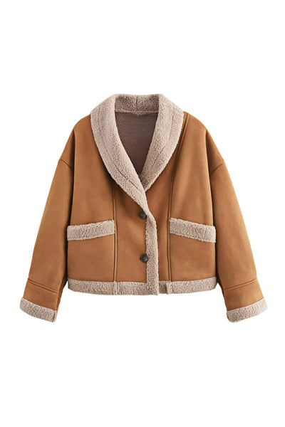 Fleece Lined Jacket - Brown - Teddy Lined - Suede Winter Jacket - Women's Winter Jacket -Grace Aura