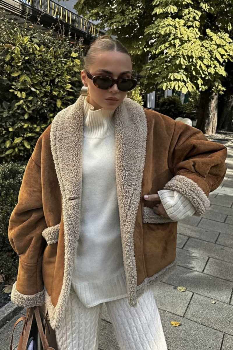 Fleece Lined Jacket - Brown - Teddy Lined - Suede Winter Jacket - Women's Winter Jacket -Grace Aura