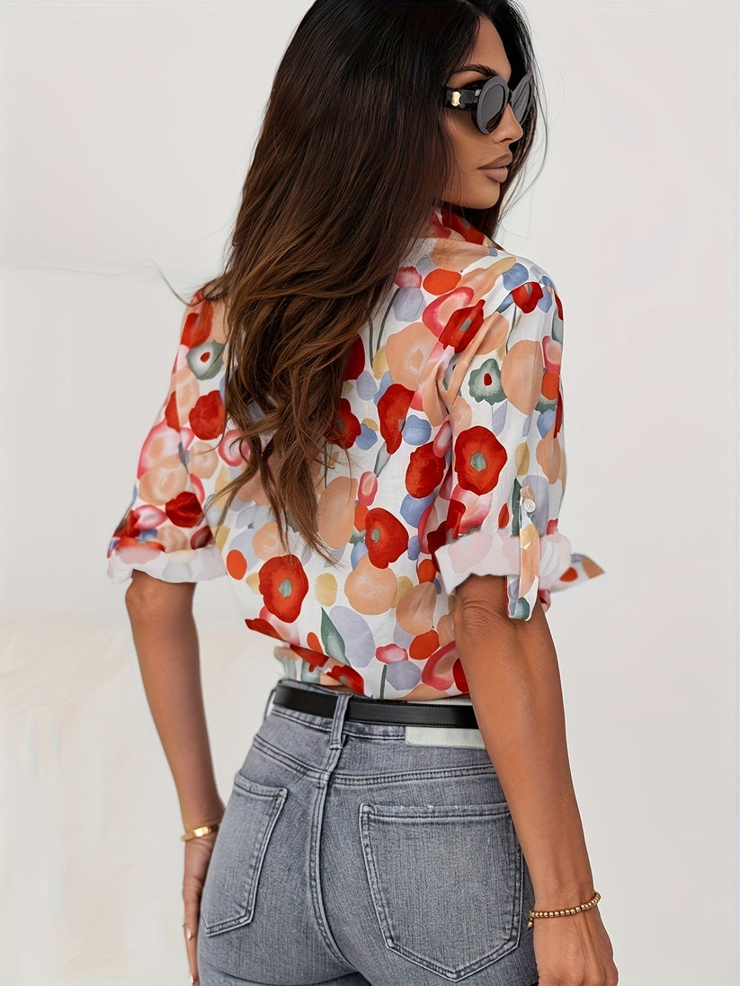 Floral Blouse | Long Sleeve | Collared | Flower Shirt | Women's Button-Up Shirt-Grace Aura