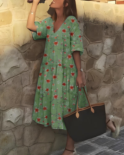 Floral Dress - A-Line - V-Neck - Midi Dress - Summer Dress-Grace Aura
