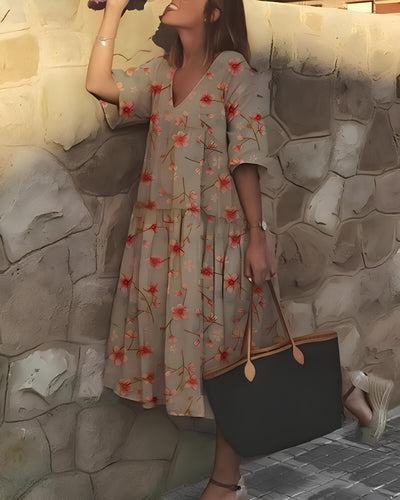 Floral Dress - A-Line - V-Neck - Midi Dress - Summer Dress-Grace Aura