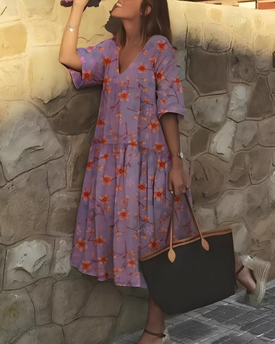 Floral Dress - A-Line - V-Neck - Midi Dress - Summer Dress-Grace Aura