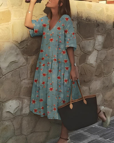 Floral Dress - A-Line - V-Neck - Midi Dress - Summer Dress-Grace Aura