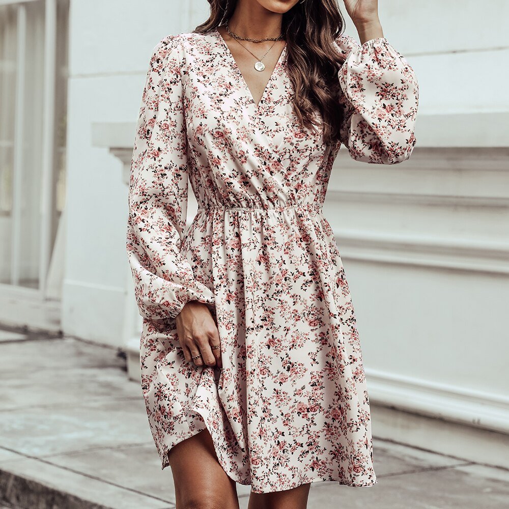Floral Dress | Long Sleeve | V-Neck | Mini Dress | Summer Dress-Grace Aura