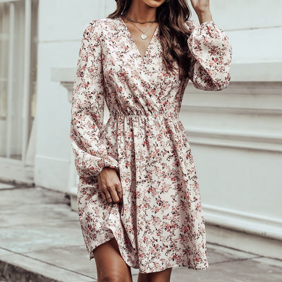 Floral Dress | Long Sleeve | V-Neck | Mini Dress | Summer Dress-Grace Aura