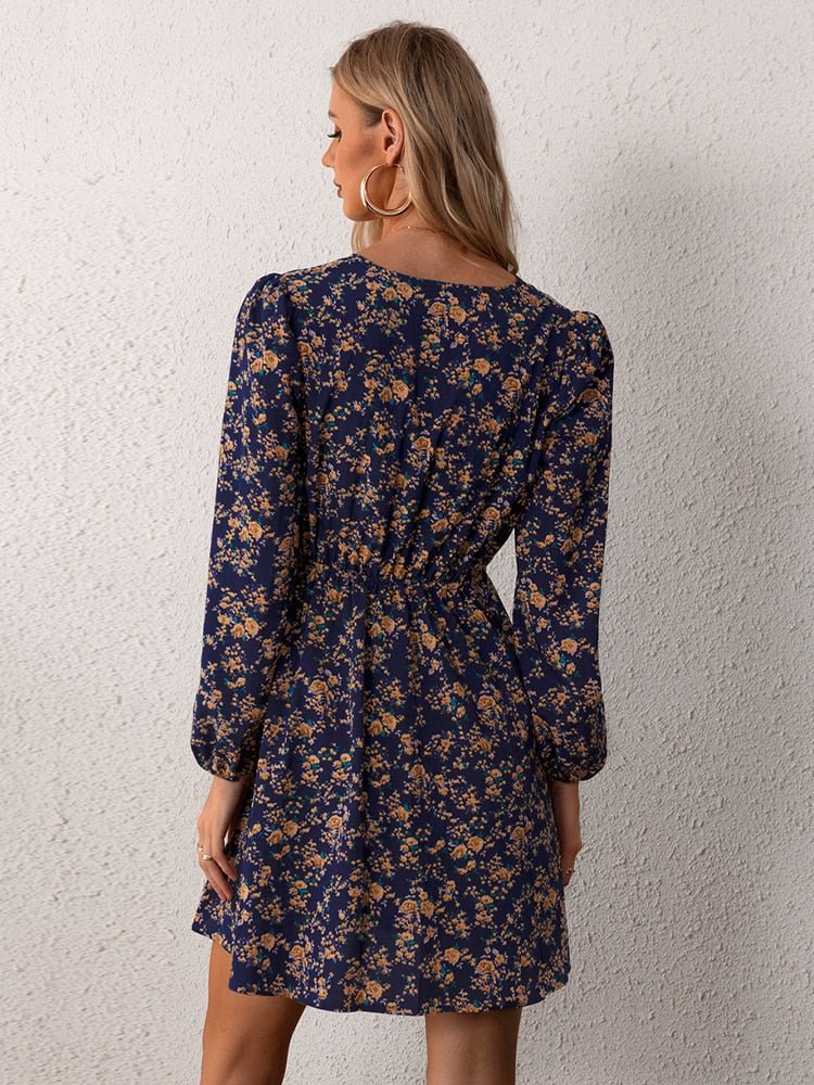 Floral Dress | Long Sleeve | V-Neck | Mini Dress | Summer Dress-Grace Aura
