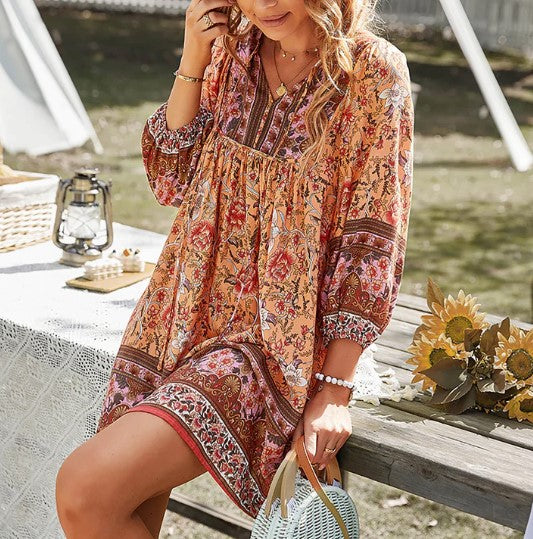 Floral Dress - Women's Long Sleeve Bohemian Mini Summer Dress-Grace Aura
