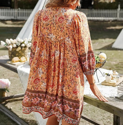 Floral Dress - Women's Long Sleeve Bohemian Mini Summer Dress-Grace Aura