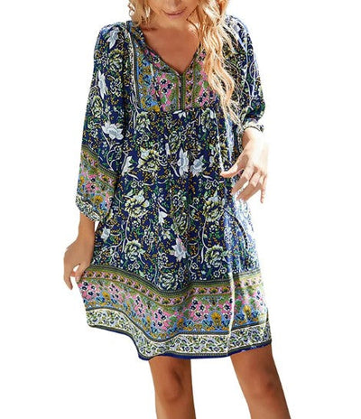 Floral Dress - Women's Long Sleeve Bohemian Mini Summer Dress-Grace Aura