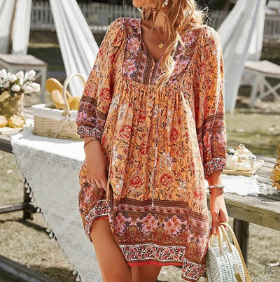 Floral Dress - Women's Long Sleeve Bohemian Mini Summer Dress-Grace Aura