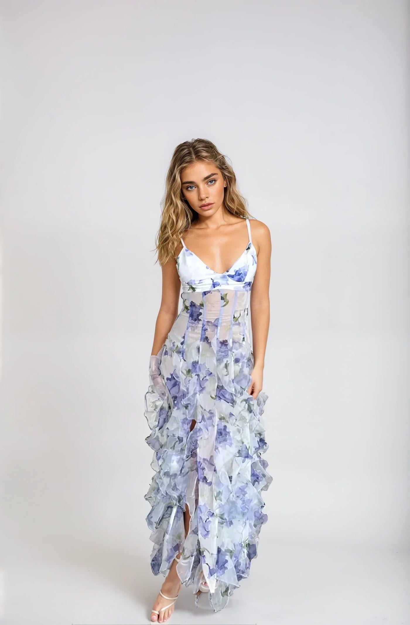 Floral Maxi Dress - Sleeveless - Slit - Ruffle Dress - Chiffon Dress-Grace Aura