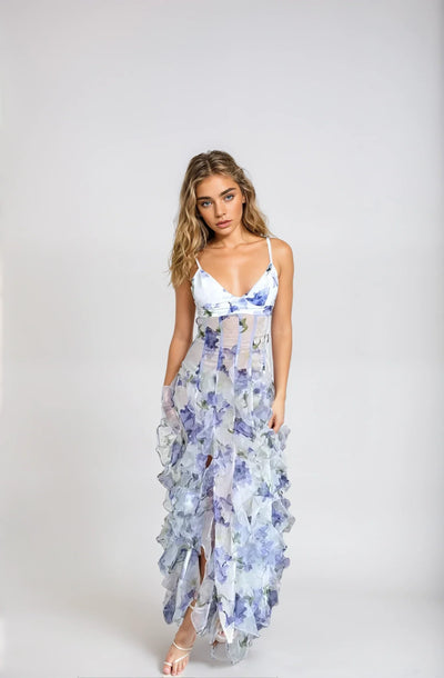 Floral Maxi Dress - Sleeveless - Slit - Ruffle Dress - Chiffon Dress-Grace Aura