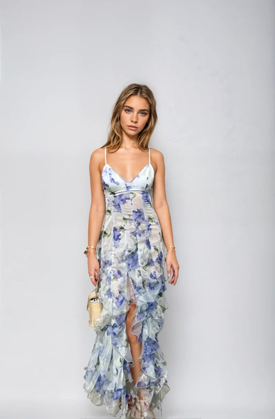 Floral Maxi Dress - Sleeveless - Slit - Ruffle Dress - Chiffon Dress-Grace Aura