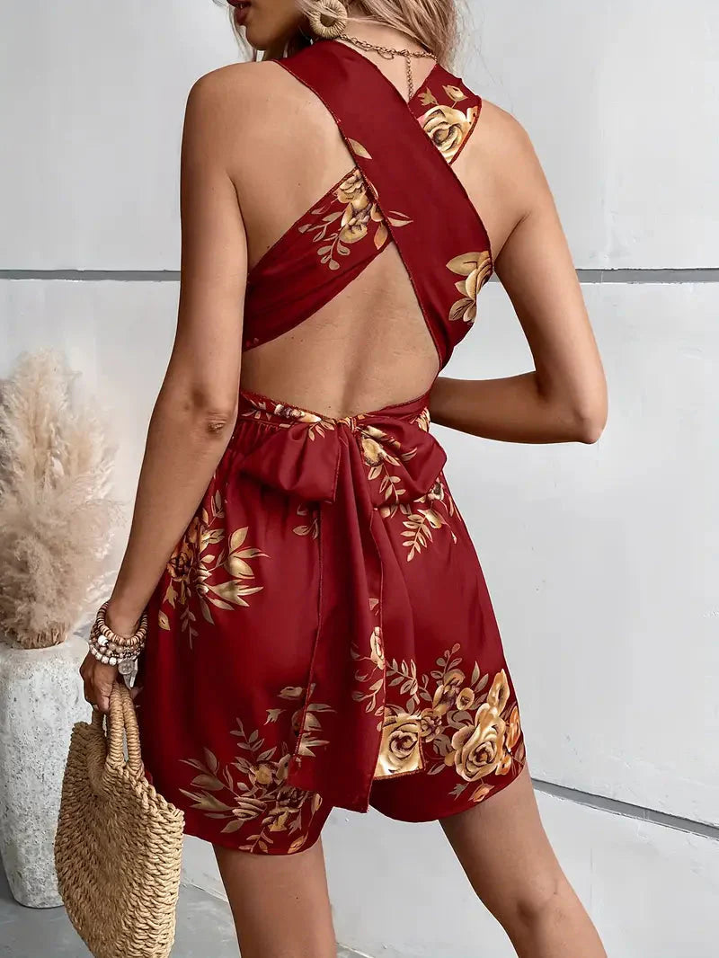 Floral Playsuit, V Neck, Backless, Party Jumpsuit, Summer Jumpsuit-Grace Aura