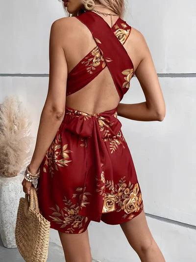 Floral Playsuit, V Neck, Backless, Party Jumpsuit, Summer Jumpsuit-Grace Aura
