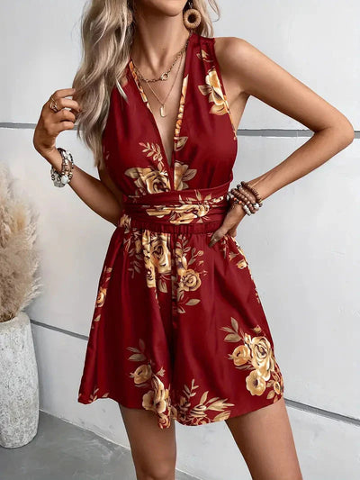 Floral Playsuit, V Neck, Backless, Party Jumpsuit, Summer Jumpsuit-Grace Aura