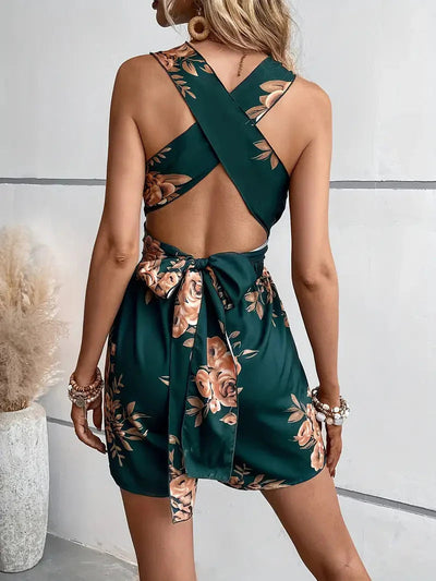 Floral Playsuit, V Neck, Backless, Party Jumpsuit, Summer Jumpsuit-Grace Aura