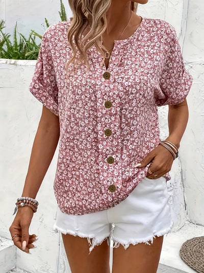 Floral Top - Short Sleeve - Button-Up - Summer Top - Ladies Floral Blouse-Grace Aura