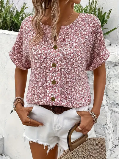 Floral Top - Short Sleeve - Button-Up - Summer Top - Ladies Floral Blouse-Grace Aura