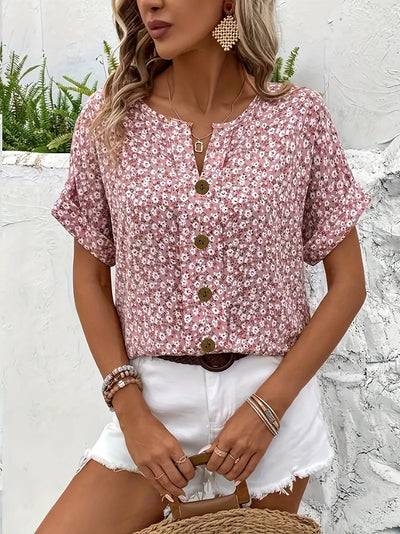 Floral Top - Short Sleeve - Button-Up - Summer Top - Ladies Floral Blouse-Grace Aura