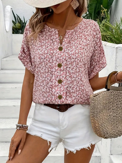 Floral Top - Short Sleeve - Button-Up - Summer Top - Ladies Floral Blouse-Grace Aura
