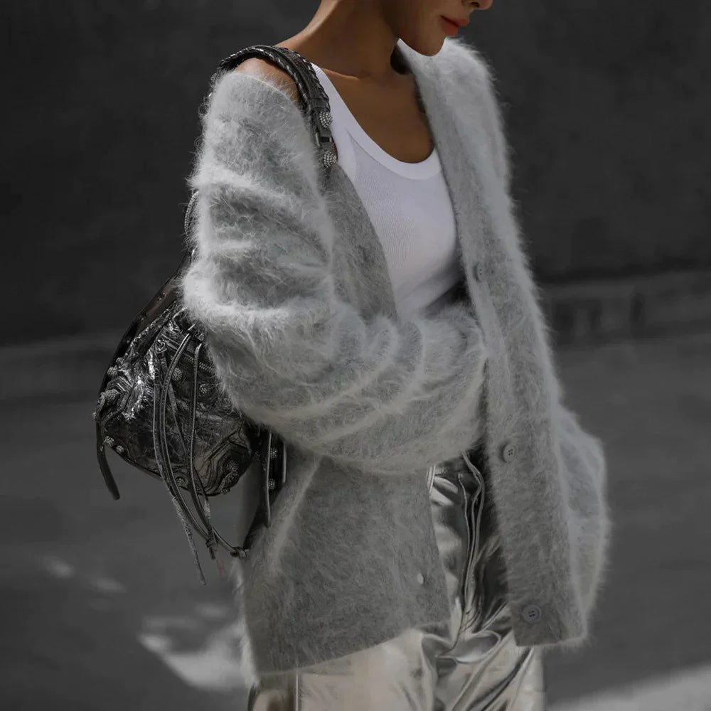 Fluffy Cardigan - Women's Oversized Button-Up Knitted Cardigan -Grace Aura