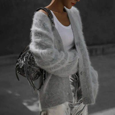 Fluffy Cardigan - Women's Oversized Button-Up Knitted Cardigan -Grace Aura