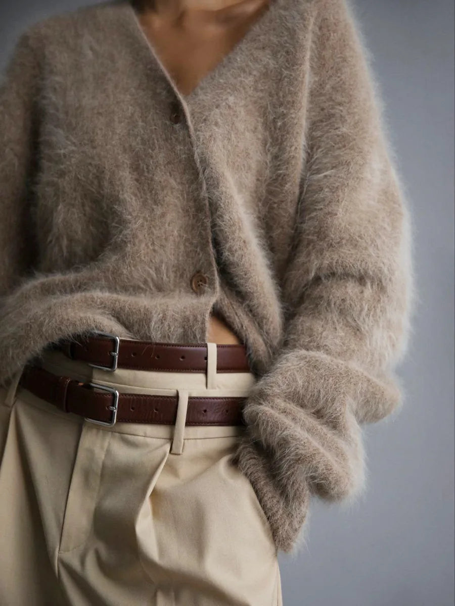 Fluffy Cardigan - Women's Oversized Button-Up Knitted Cardigan -Grace Aura