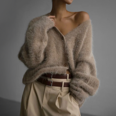 Fluffy Cardigan - Women's Oversized Button-Up Knitted Cardigan -Grace Aura