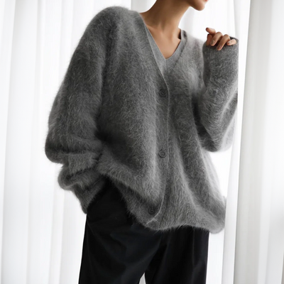 Fluffy Cardigan - Women's Oversized Button-Up Knitted Cardigan -Grace Aura