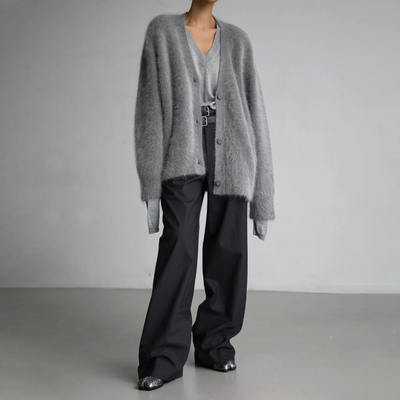 Fluffy Cardigan - Women's Oversized Button-Up Knitted Cardigan -Grace Aura