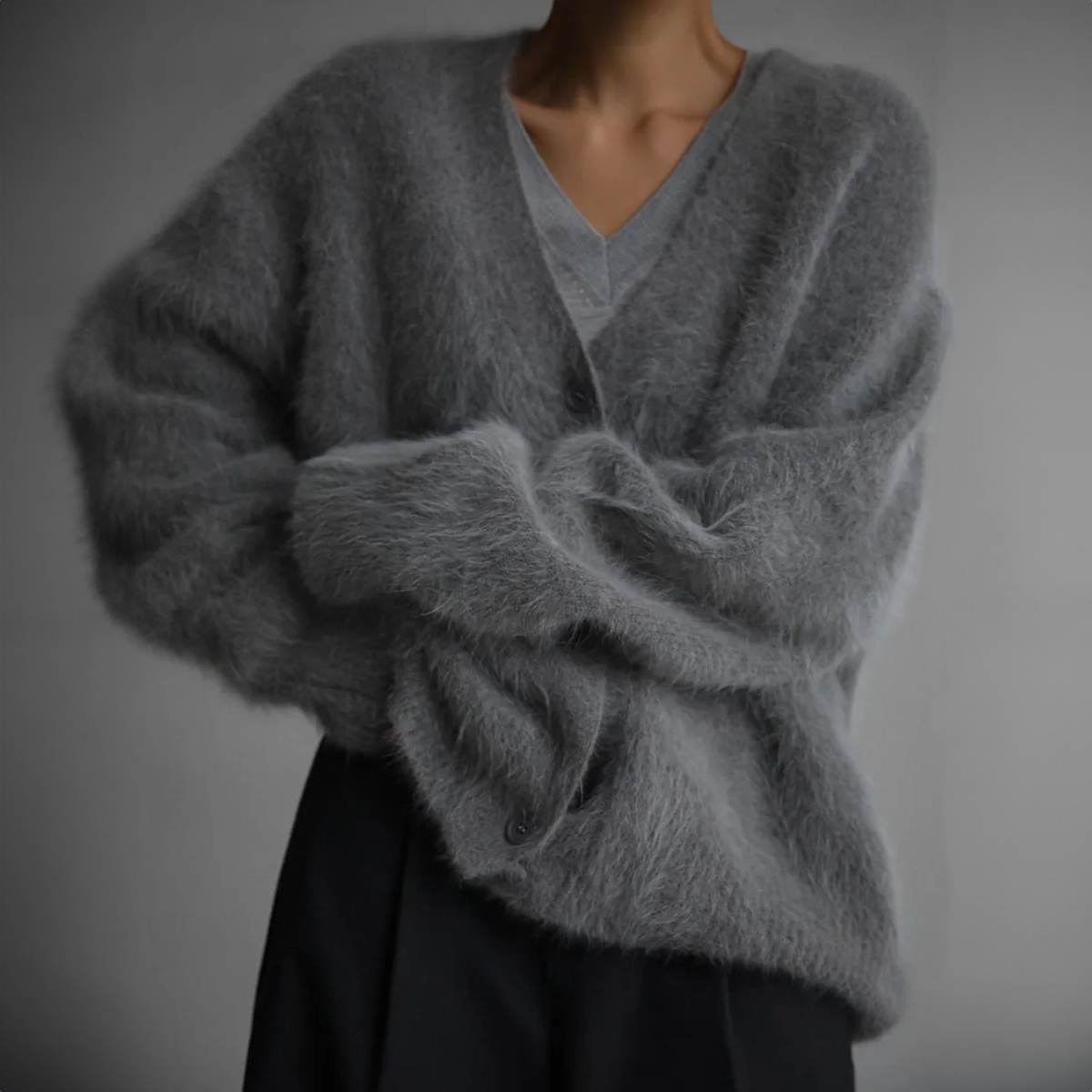 Fluffy Cardigan - Women's Oversized Button-Up Knitted Cardigan -Grace Aura