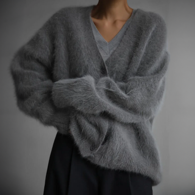 Fluffy Cardigan - Women's Oversized Button-Up Knitted Cardigan -Grace Aura