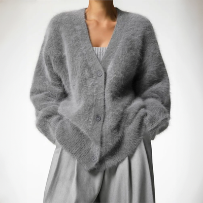 Fluffy Cardigan - Women's Oversized Button-Up Knitted Cardigan -Grace Aura