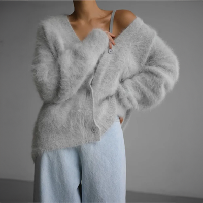 Fluffy Cardigan - Women's Oversized Button-Up Knitted Cardigan -Grace Aura