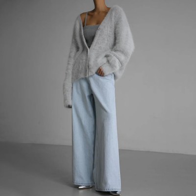 Fluffy Cardigan - Women's Oversized Button-Up Knitted Cardigan -Grace Aura