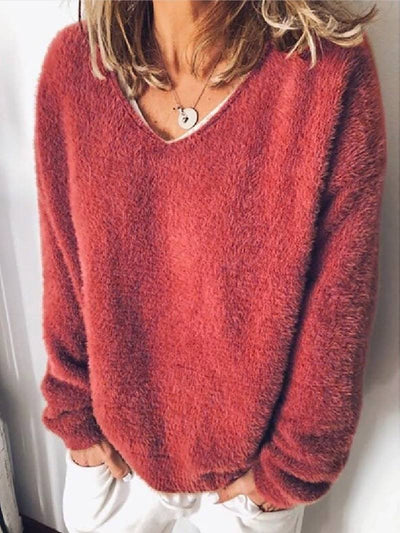 Fluffy Sweater | Loose Fit | Long Sleeve | V-Neck Jumper | Women's Clothing-Grace Aura