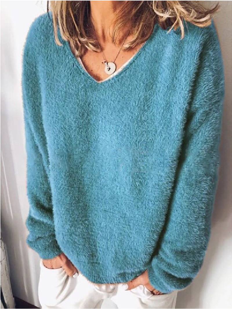 Fluffy Sweater | Loose Fit | Long Sleeve | V-Neck Jumper | Women's Clothing-Grace Aura
