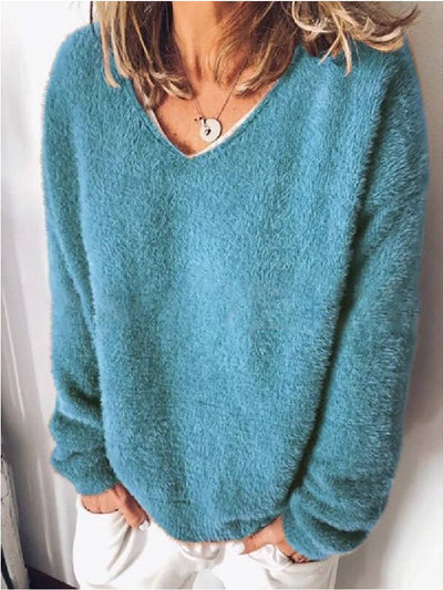 Fluffy Sweater | Loose Fit | Long Sleeve | V-Neck Jumper | Women's Clothing-Grace Aura